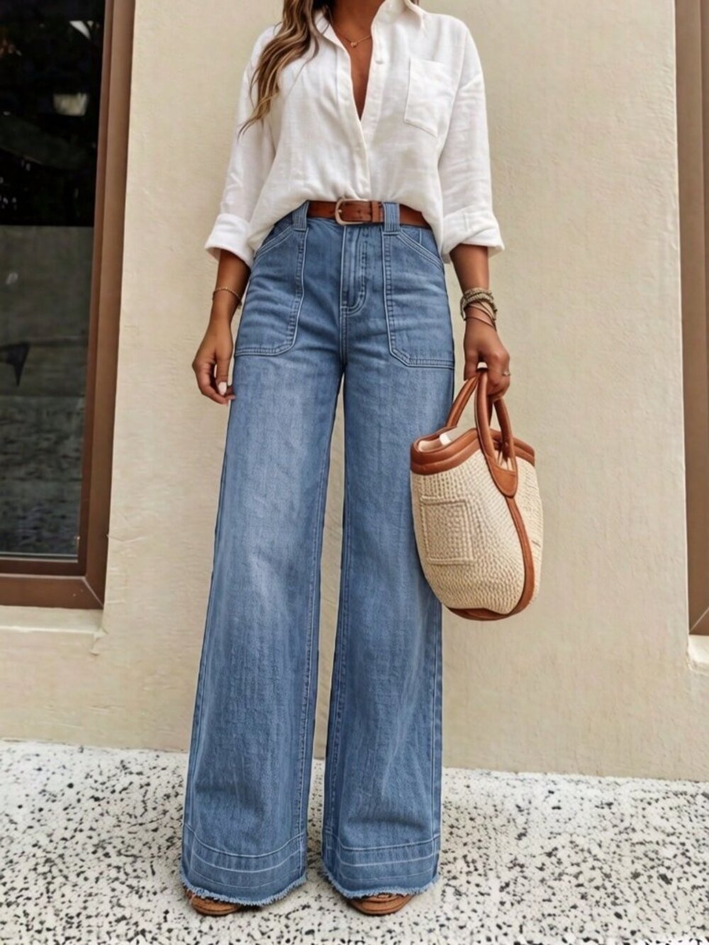 Light Wash Casual Women's High-Quality  Denim Wide Leg Jeans - Picture 2 of 5